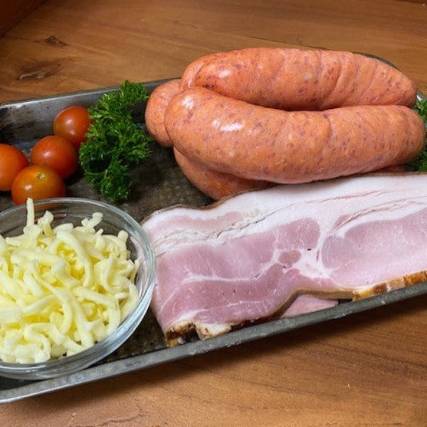 Sausages - Thick Beef with Bacon, Cheese & Tomato GLUTEN FREE (approx. 650g - 6 sausages)